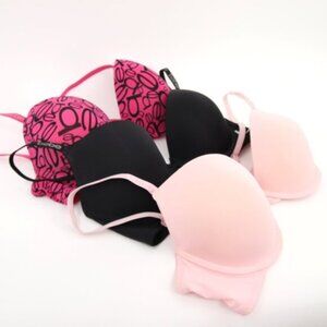 Bebe Bras Pink Black Gentle Lift Push Up Bra Underwire Logo Size 36D 3-Pack NWT